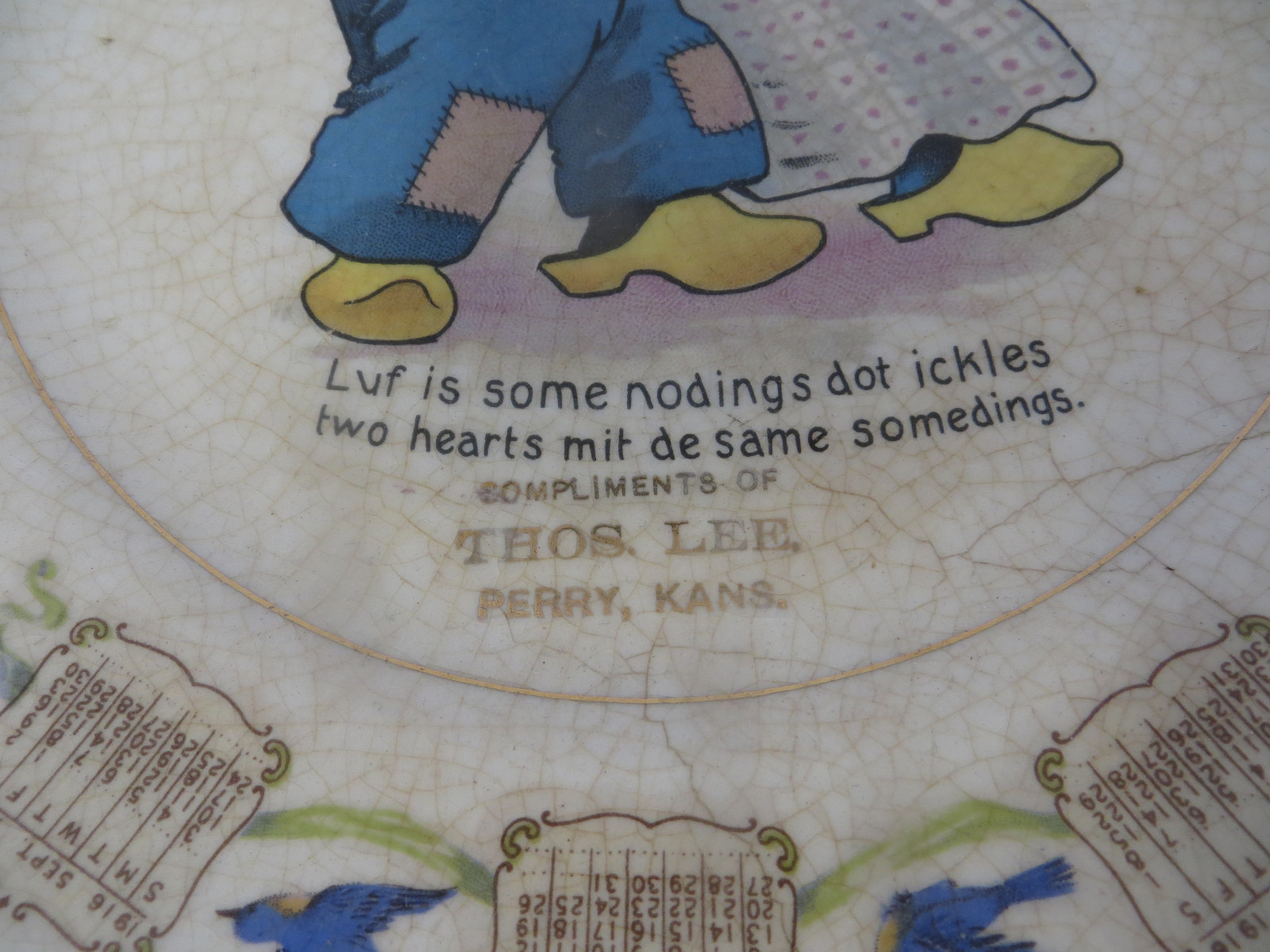 Vtg Antique Advertising Plate - 1916 Calendar  - Dutch - Thos. Lee - Perry KS