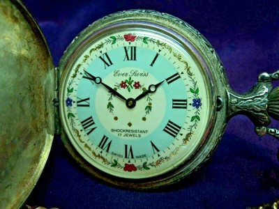 Serviced~Ever Swiss FANCY DIAL~Winding 17 Jewel~Deer Hunter Scene Pocket Watch