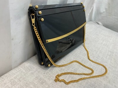 Gorgeous Meyers Vintage Black Acrylic Hand Shoulder Bag Clutch Gold Tone Chain