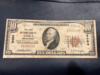 1929 $10 FIRST NATIONAL BANK AVOCA PENNSYLVANIA NATIONAL CURRENCY CH # 8494