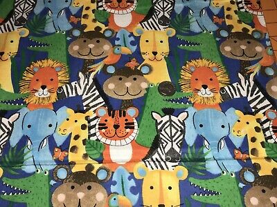 Fabric Baby Zoo Animals Safari Heads Full on Blue Flannel 1/4 Yard Box