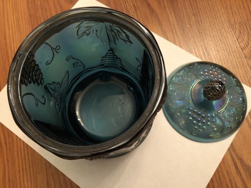 Indiana Carnival Glass Iridescent Blue Harvest Grape Biscuit Jar-Cookie-Tobacco