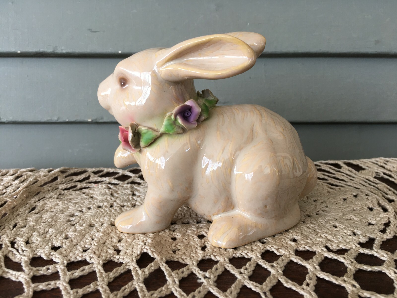 Small Ceramic Bunny Rabbit Figurine Hand Painted with Flowers