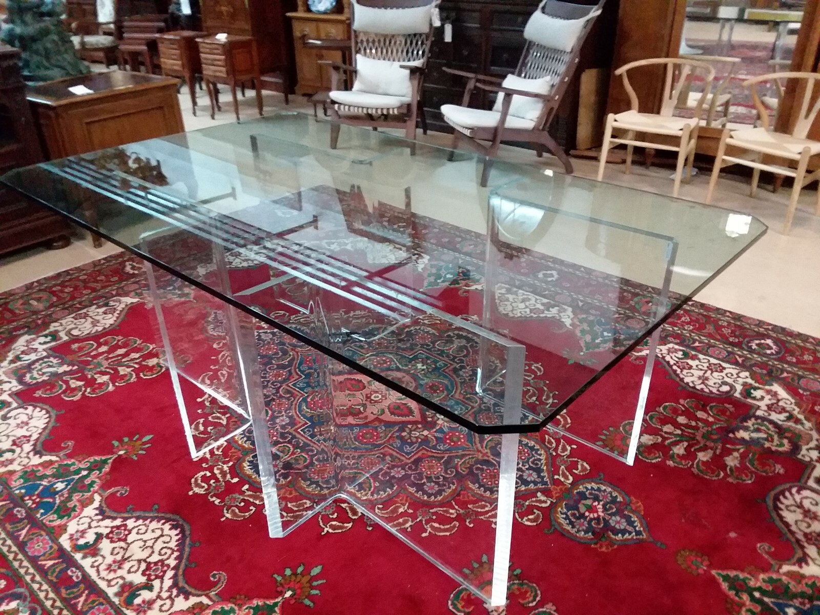 Midcentury Style Lucite Base Table with thick Glass Top. Stunning