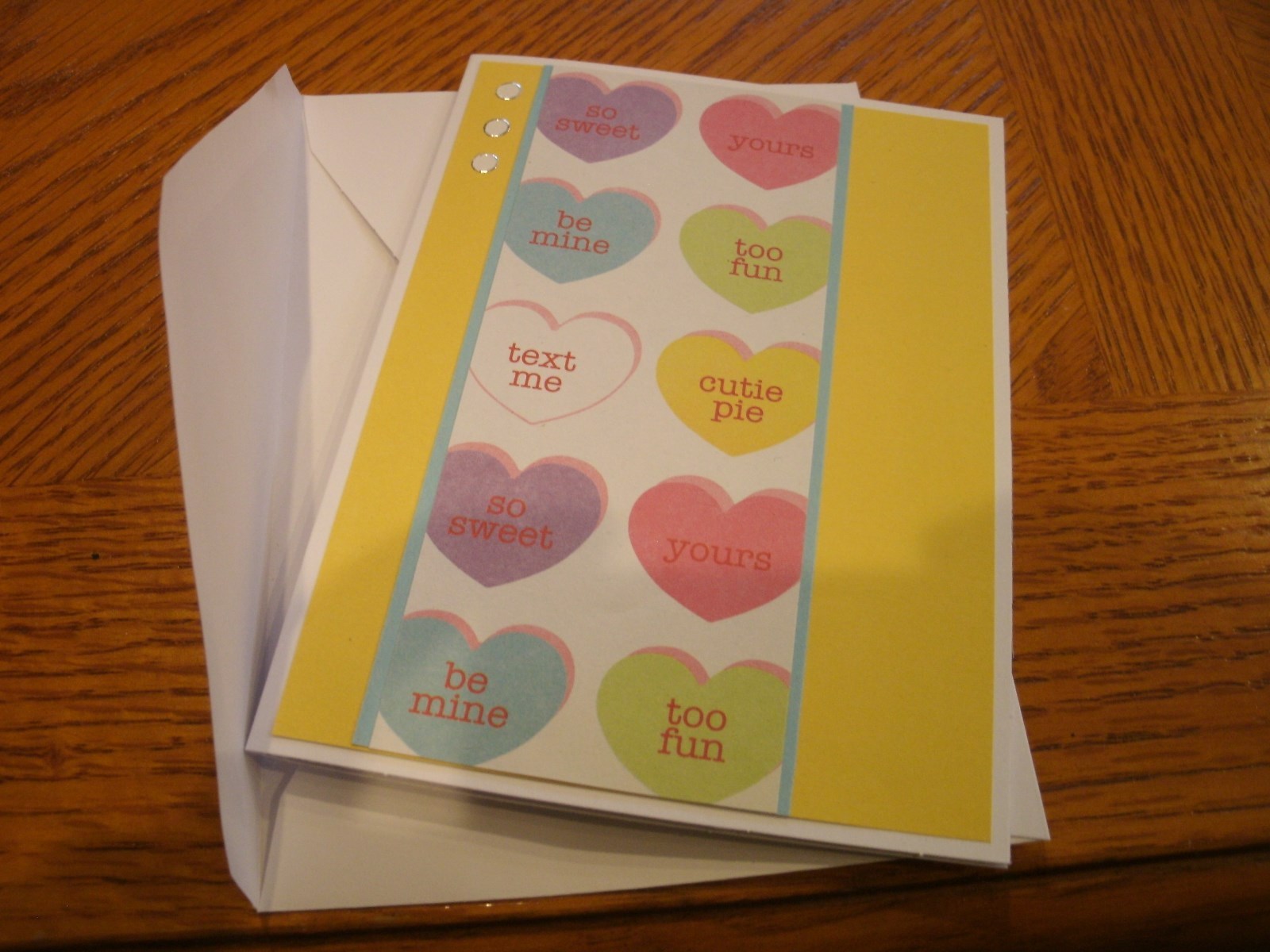 Conversation Heart Handmade Card & Envelope Yellow, blue & 3 white Jewel Dazzles