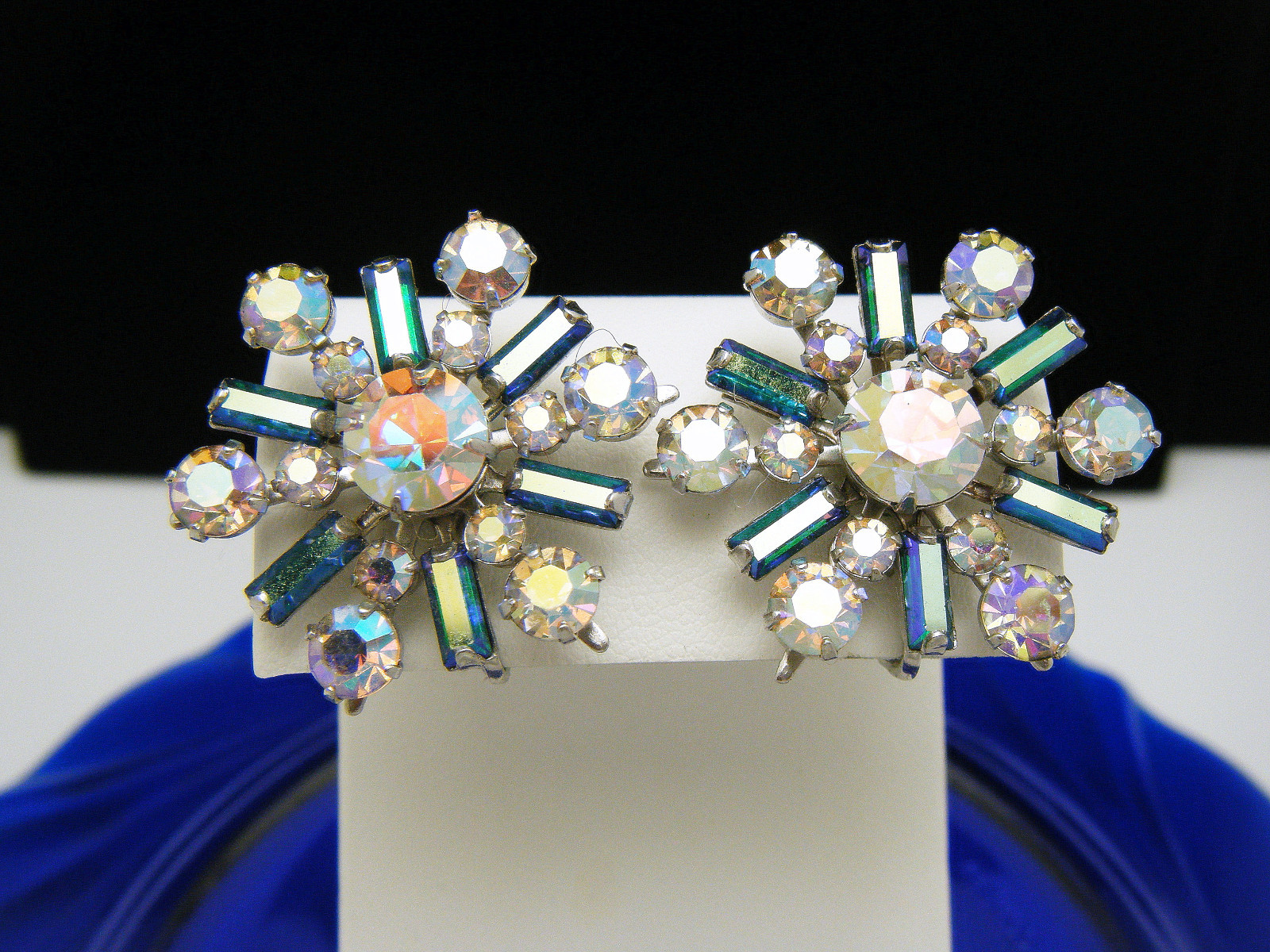 Stunning Vendome AB Rhinestone Earrings Baguettes Adjustable Clips Silver Tone