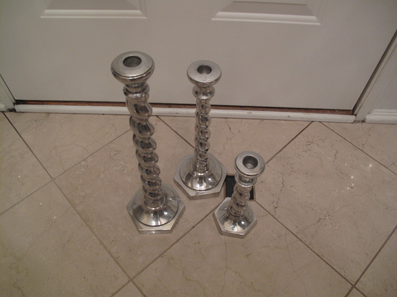 Vintage Silver Pewter No Polish Barley Twist Candlestick Set of Three