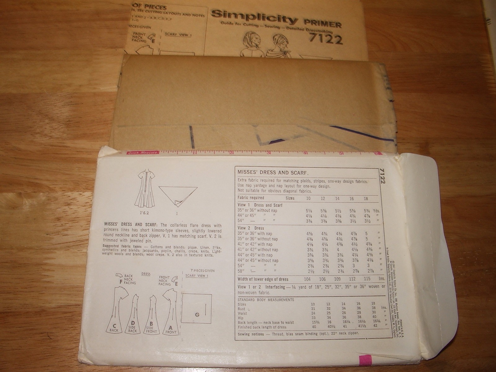 Vintage Simplicity Pattern Misses 7122 FF Misses Dress & Scarf Sz 16 Bust 36