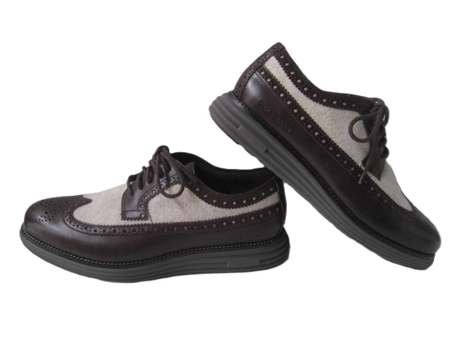 COLE HAAN GRAND 36Q LONGWING BROWN LEATHER GRAY FABRIC