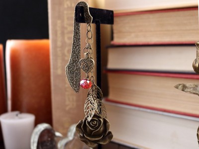 Gold Bookmark Large Rose, Filigree Leaves, Detailed Filigree Heart and Swarovski