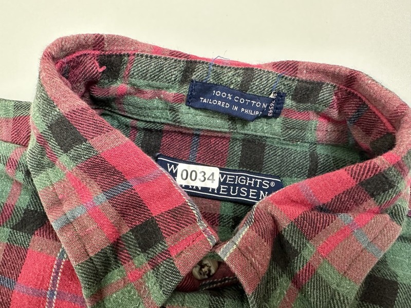 Vintage 80s Van Heusen Flannel Shirt Mens L Slim Green Red Plaid Outdoor Grunge