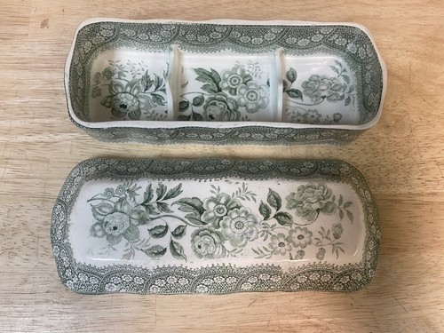 【MINTON*】 RARE Antique Minton Lidded Dresser Box Green Lace Border