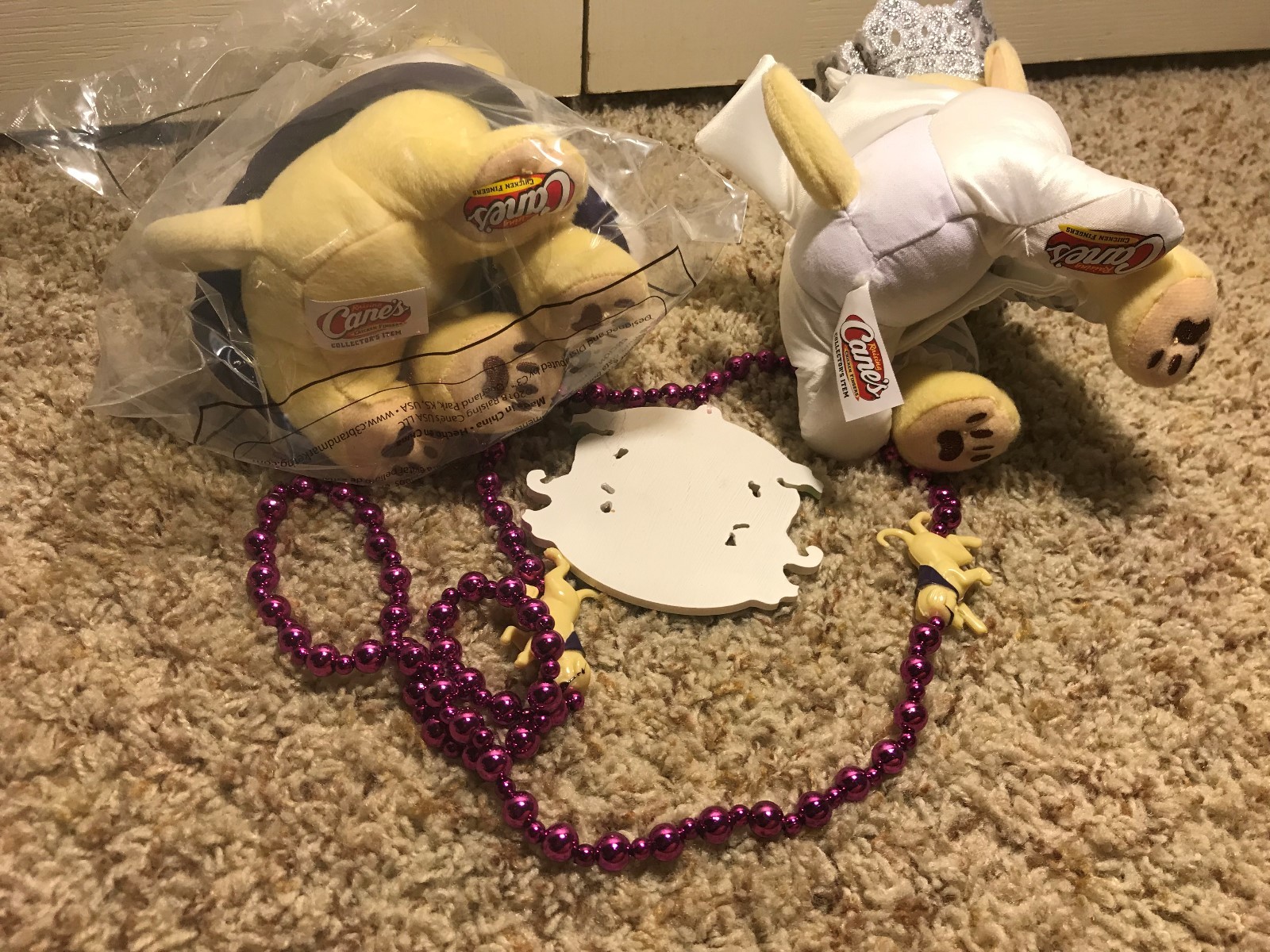 Rare 2018 Raising Canes Plush Puppy Washington Mardi Gras, In store ver, Beeds