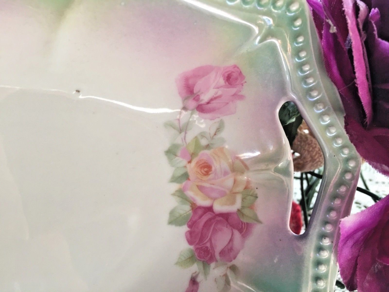 ANTIQUE EMBOSSED PORCELAIN PK SILESIA HAND PAINTED ROSES BOWL & CELERY DISH