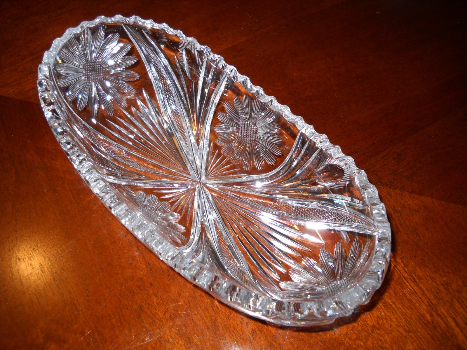 Cut Glass Relish Dish Sunflower Pattern Saw Tooth Rim