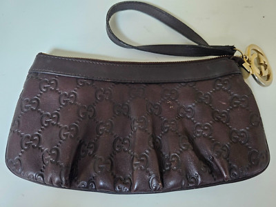 Gucci Interlocking Gold G Wristlet Dark Brown Leather with GG monogram