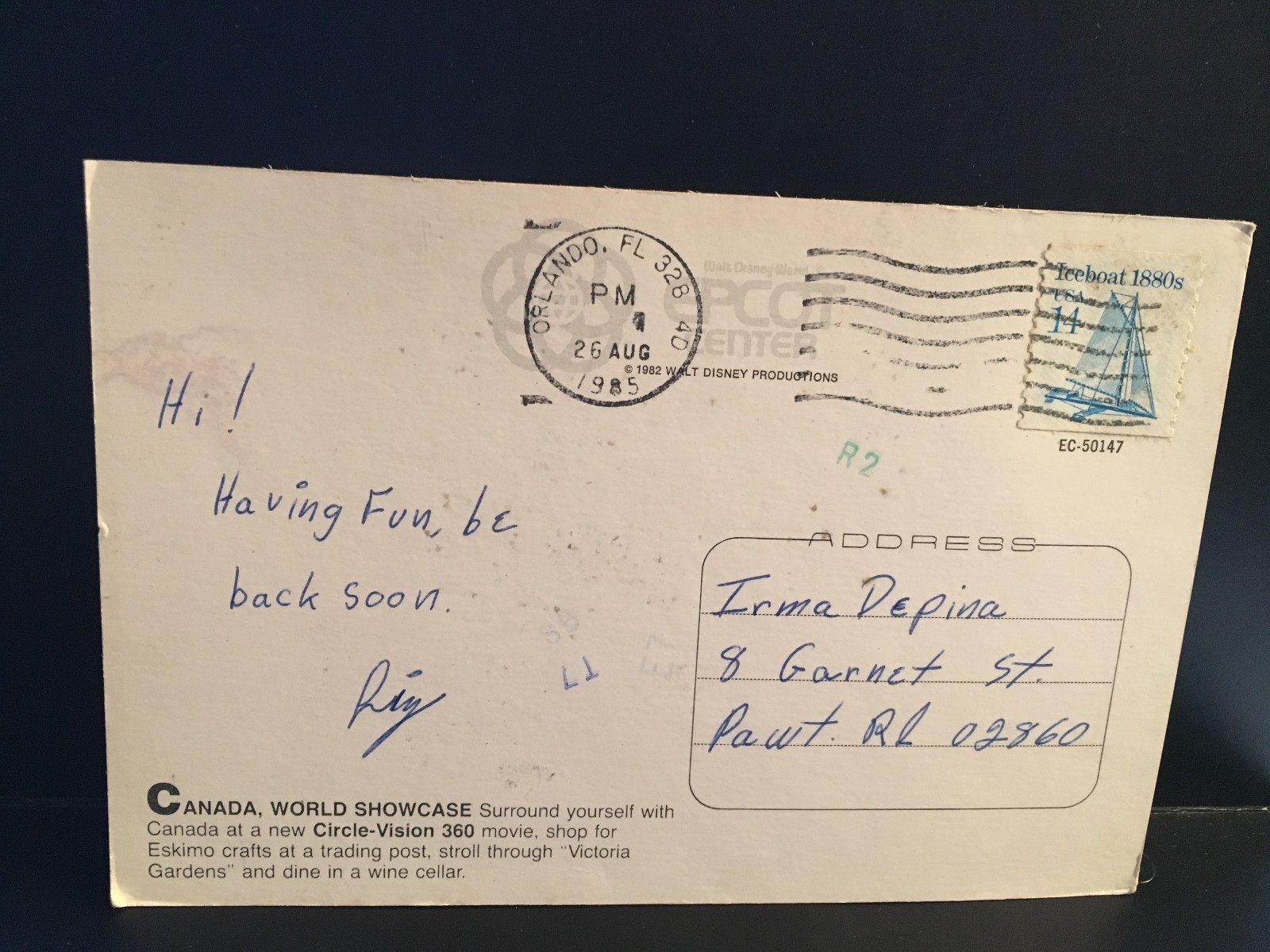 Postcard Canada World Showcase, Epcot, Disney Wirld, FL     Z8