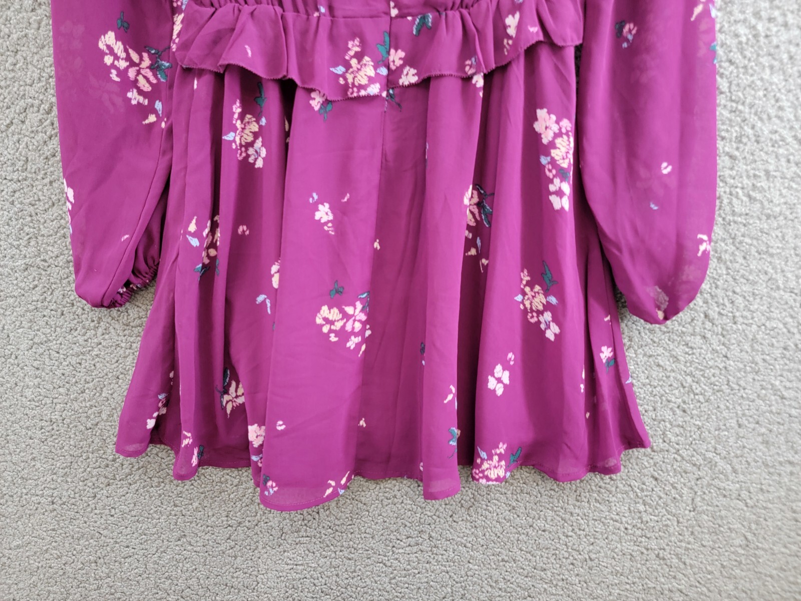 Steve Madden Rami Chiffon Pintuck-Detail Floral-Print Dress Women's XS Plum L/S - Picture 7 of 16