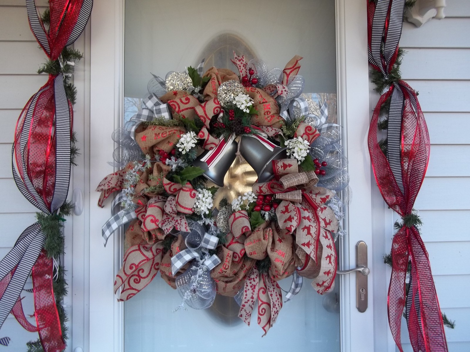 PEWTER BELLS~SILVER~BURLAP~ WREATH~BOW~RIBBONS~MESH~FROSTED FLOWERS~GREENERY