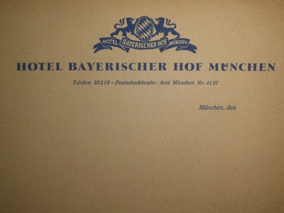 HOTEL BAYERISCHER HOF MÜNCHEN * Schreibpapier aus Nachlass HANS ALBERS * 50er J.
