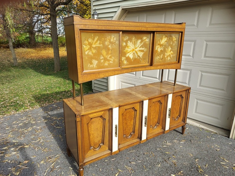 Mid-Century ROMWEBER Credenza w/ Rare Acrylic Starburst Doors burl hutch