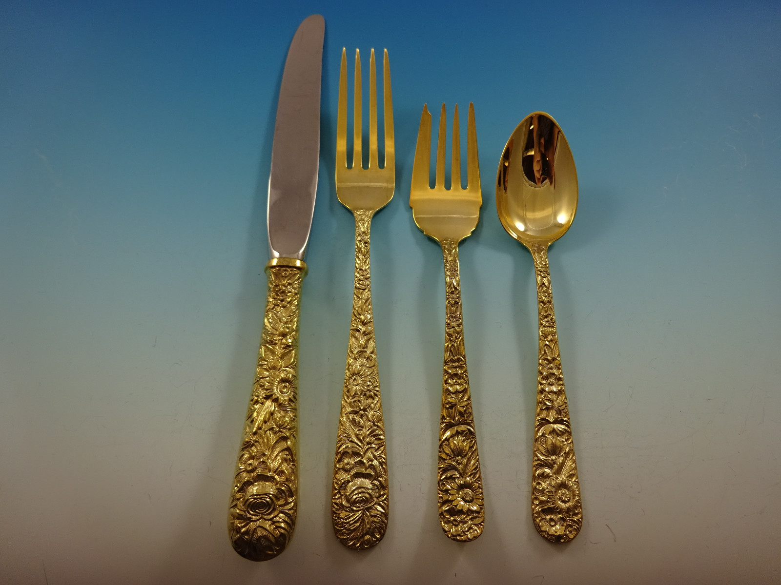 Repousse Gold by Kirk Sterling Silver Flatware Service 12 Set Vermeil 48 Pieces | eBay