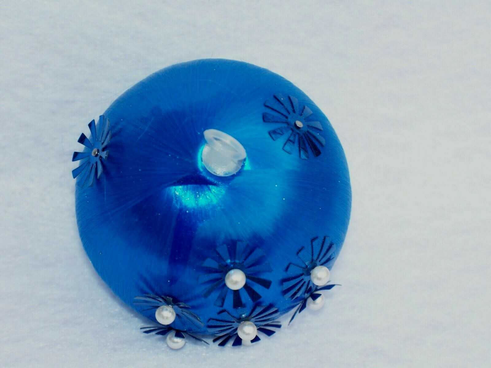 VINTAGE BLUE SATIN SILK SEQUIN PEARL CHRISTMAS ORNAMENT