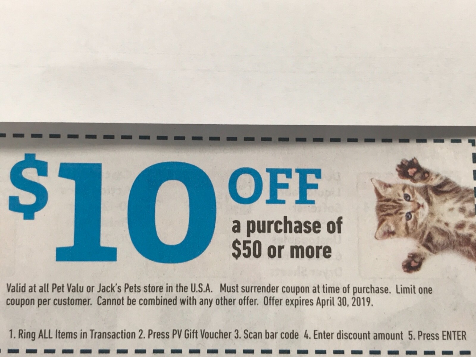 PET VALU / JACK'S PETS CPN $10 OFF OF $50 EXP 4/30/19. See Pics for details