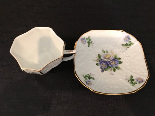 Teacup and Saucer, Blue and White, Unique Shape Octagonal Cup, Embossed Design