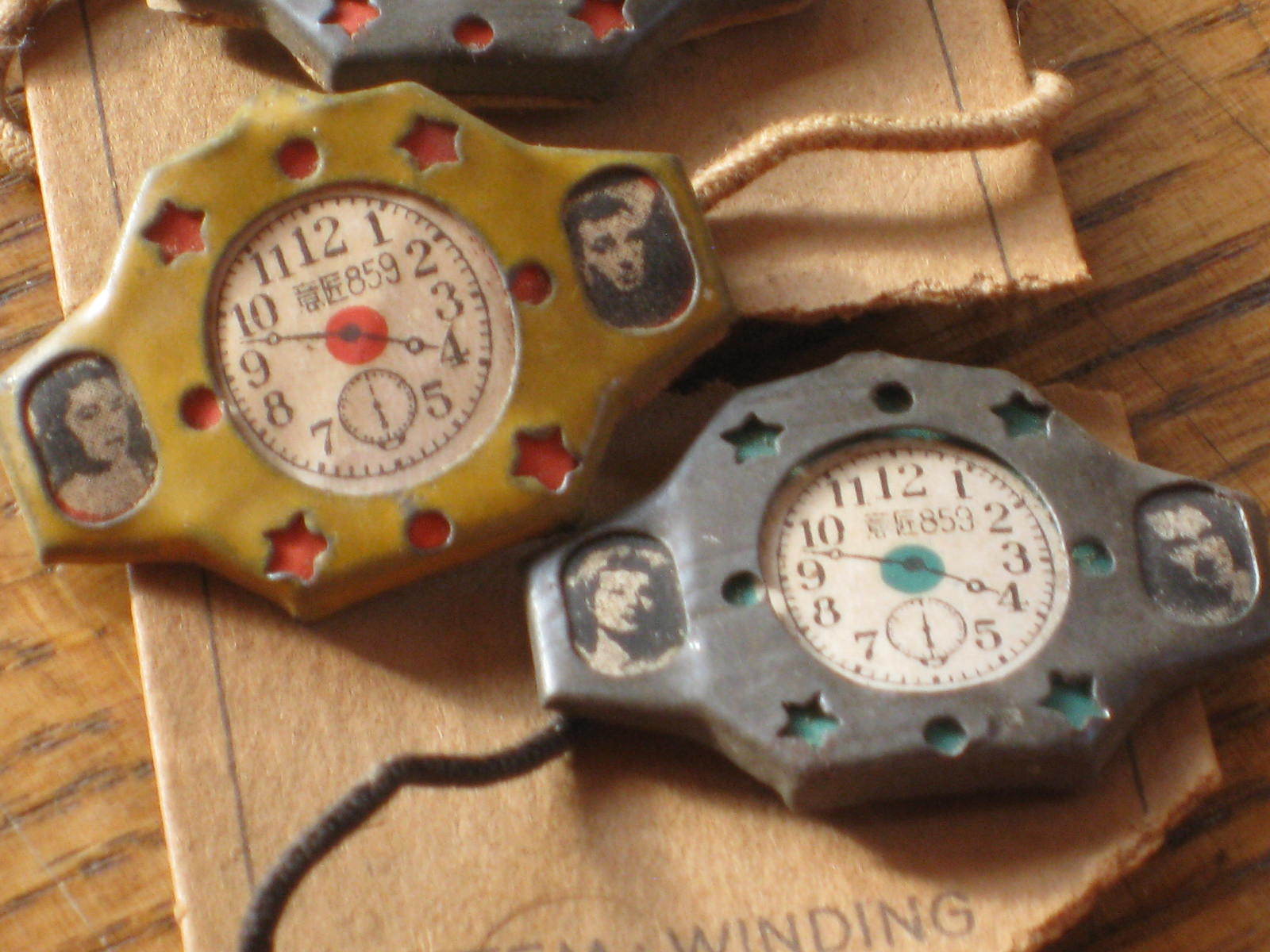 Occupied Japan Tin Toy Watches Lot o 6 Carded Novelty Movie Stars Unused Stamped