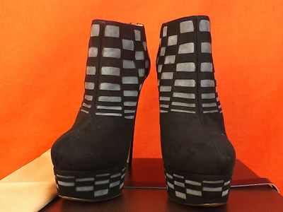 Pre-owned Alaïa Alaia Black Two Tone Suede Laser Cut Platform Back Zip Ankle Boots 39.5 $2k In Multi-color