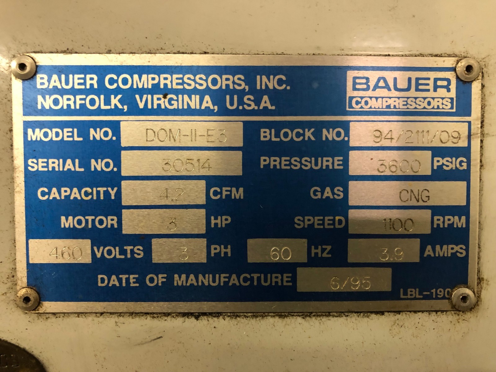 CNG COMPRESSOR, BAUER DOMINUS-II HIGH PRESSURE REFUELER FOR SMALL NGV FLEETS