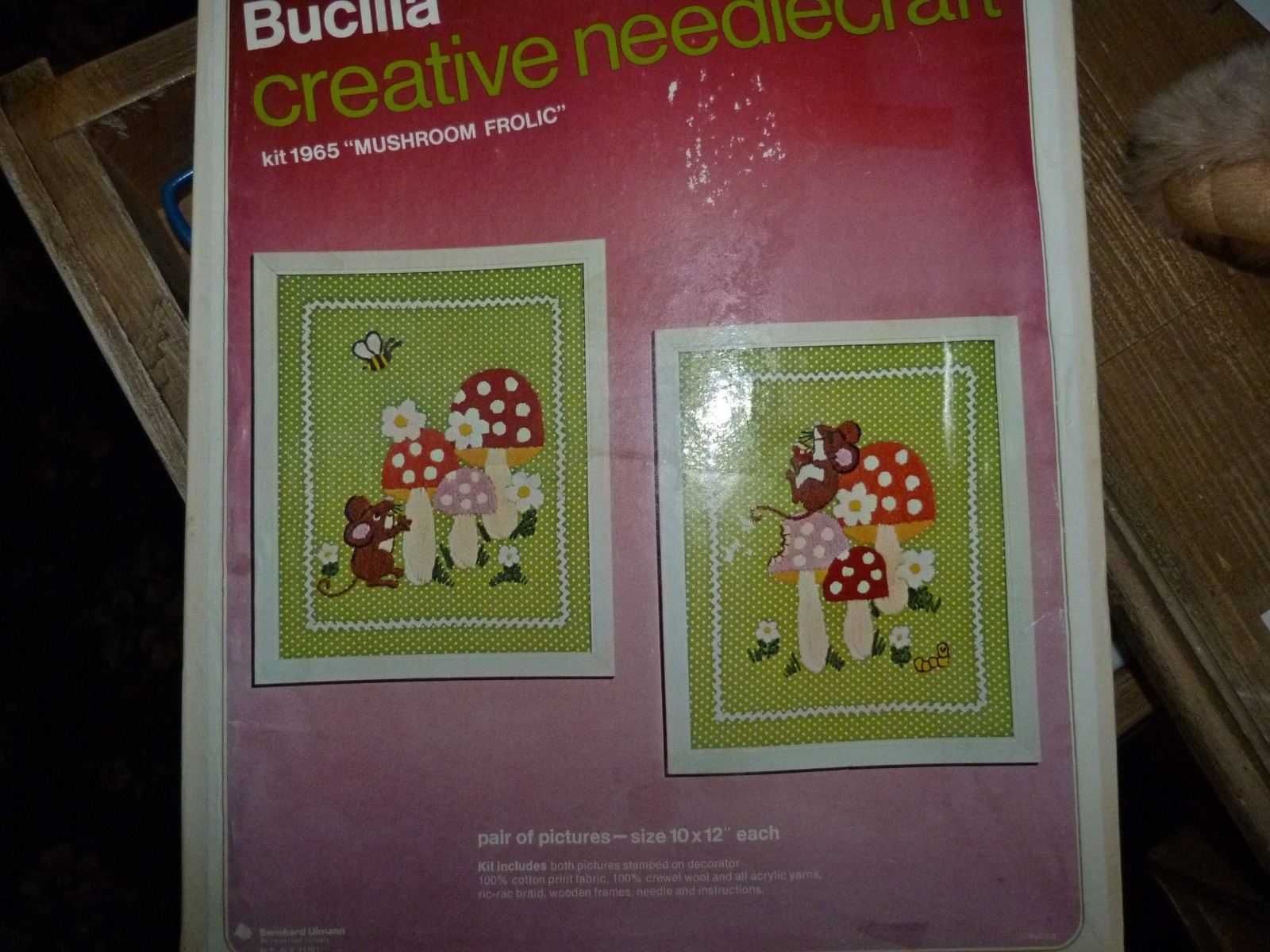 Mushroom Frolic & Mice Lot 2 Bucilla Needlecraft Kit Frames Vtg 1965 Never Used