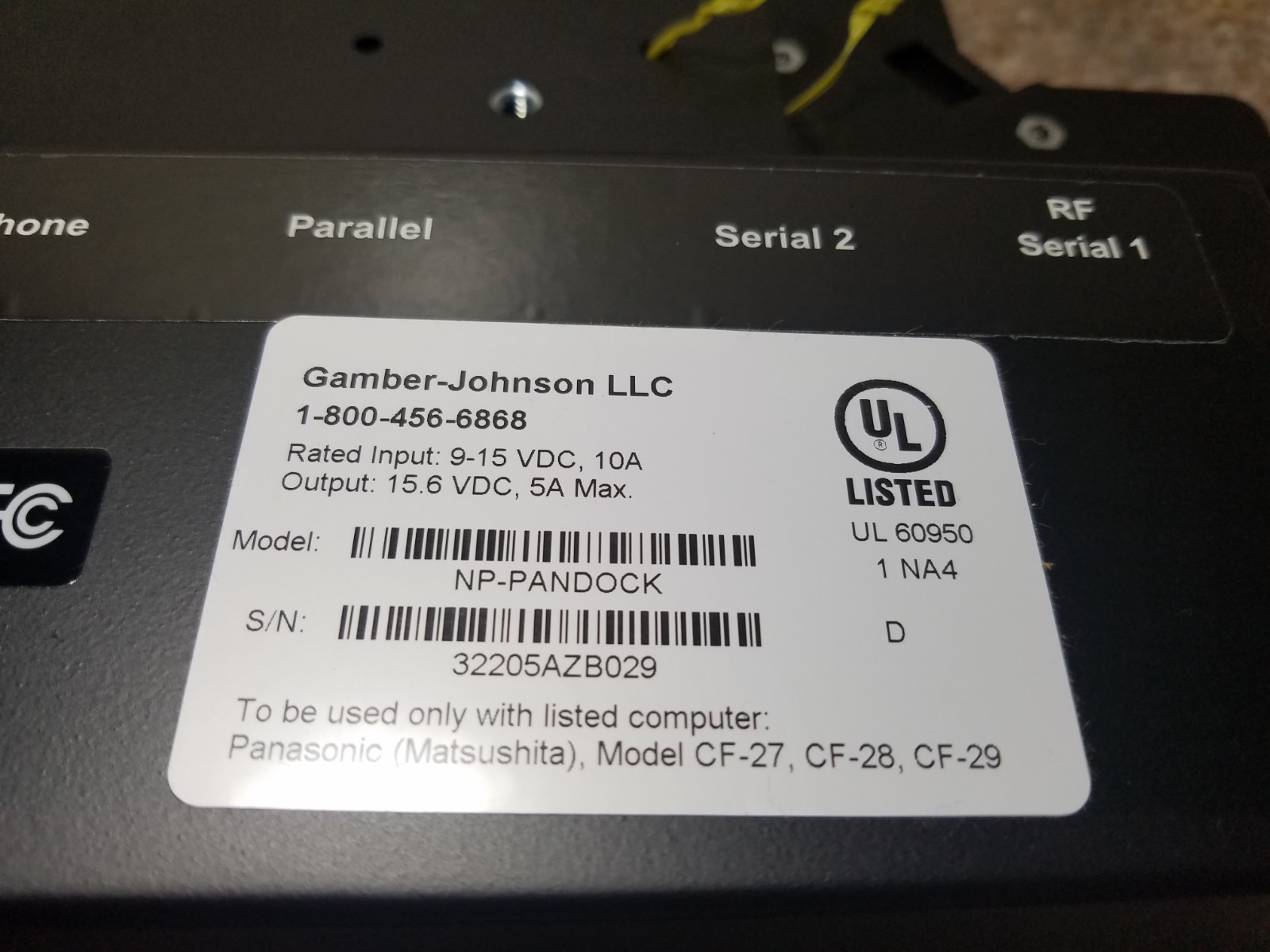 GAMBER JOHNSON NP-PANDOCK DOCKING STATION FOR PANASONIC TOUGHBOOK CF 27/28/29