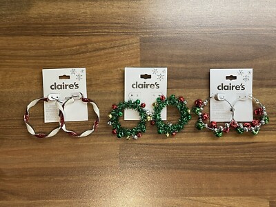 Claire s Christmas Earrings Hoops (Wreaths, Candy Cane, Jingle Bells) Pierced