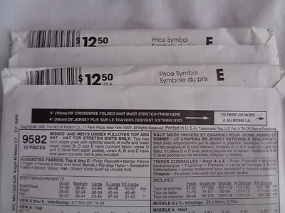 Sewing Pattern Lot 2 McCall's 9582 Sz 38, 40, 50, 52 Unisex Pullover Top & Hat