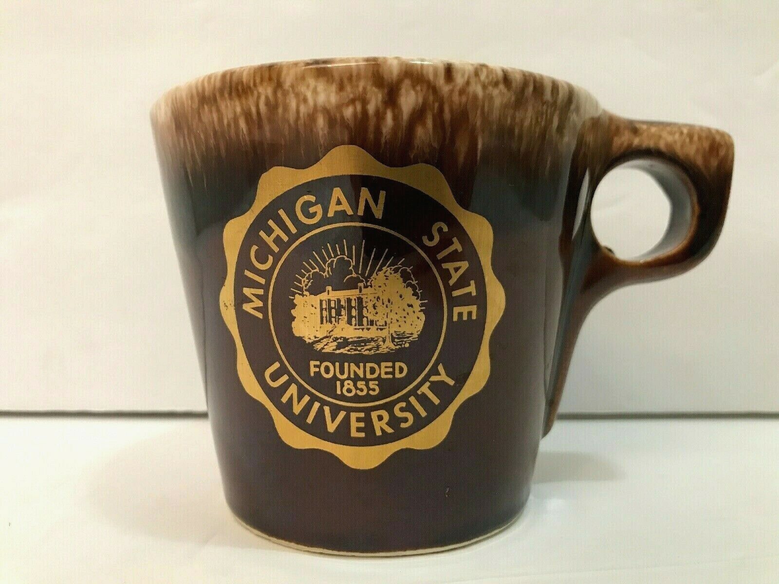 Vintage Hull Michigan State University Brown Drip Coffee Cup MI Mich College Mug