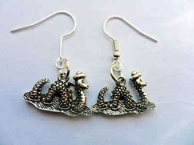 Unusual Handmade Pair Loch Ness Monster  Hook Earrings