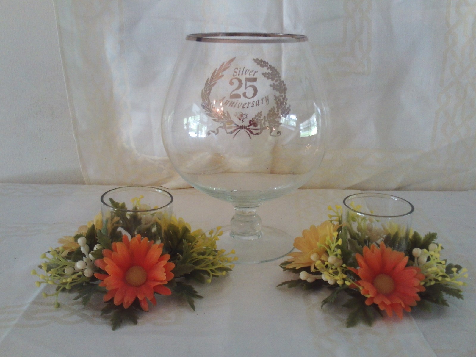 25th Silver Anniversary Candle Holders Glass Centerpiece w Flowers