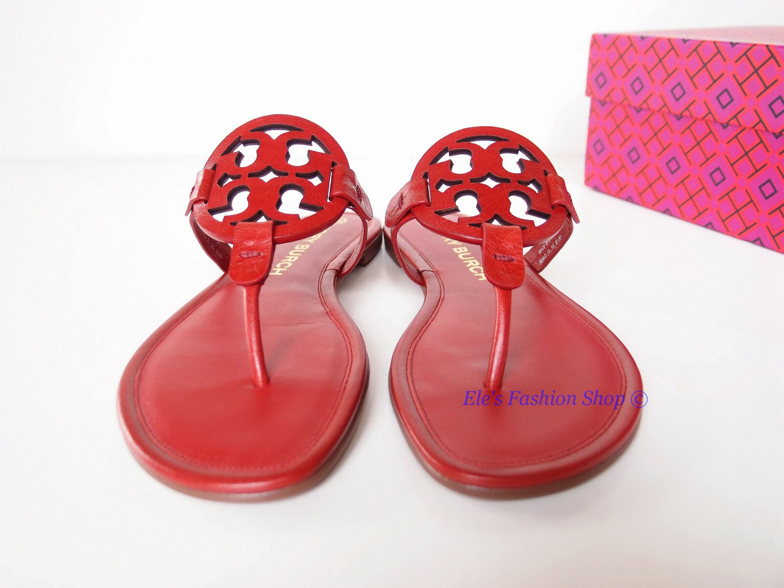 Pre-owned Tory Burch Miller Leather Thong Sandal Poinsettia Red Us 7 Authentic