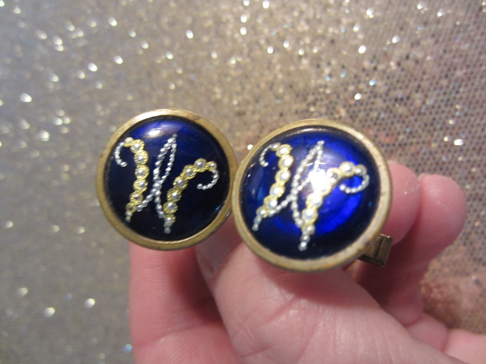 19c. Cuff Links~Cobalt Blue Enamel~Teeny Silver/Gold Initials M/W~Paris France