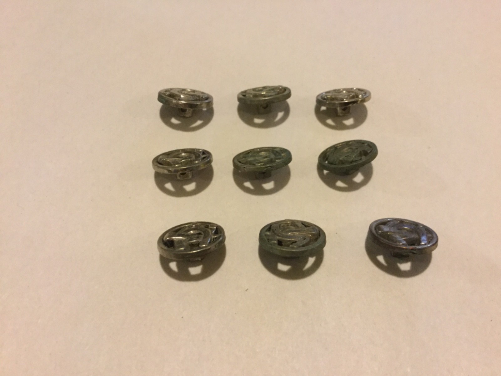 Lot of 9 Vintage Open Work Buttons Silver Color Metal? Horseshoe Nail 5/8