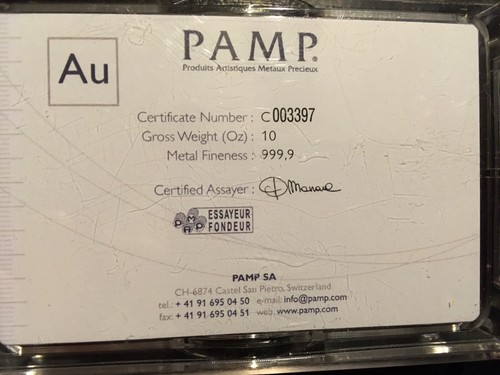 10 oz Gold Bar - Pamp Suisse Fortuna 999.9 Fine 24kt in Case w/Assay