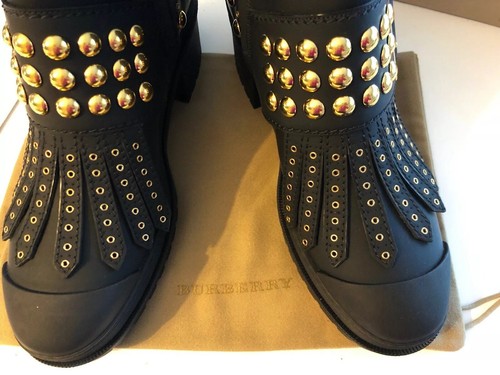 Pre-owned Burberry Whitchester Black Leather Fringe Gold Studded Belted Boots 40.5/10.5 Us