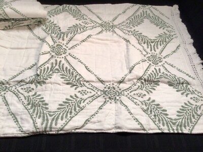 VILLA LUGANO Pillow Shams 2 PC Green floral Tile white Fringed STANDARD NEW