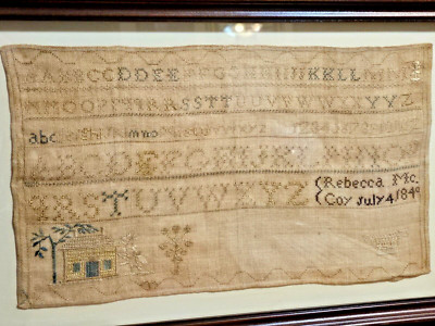 INTERESTING 1840 19th Cent. MOTIF & ALPHABET SAMPLER REBECCA McCOY - HATFIELFs ?