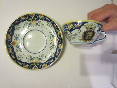 Cobourg French Faience Heraldry Blue Floral Cup & Saucer France 1974 NR
