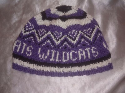 K STATE WILDCATS KNIT BEANIE WINTER HAT PURPLE/WHITE SAYS KNIT w/LOVE MRS CLAUS