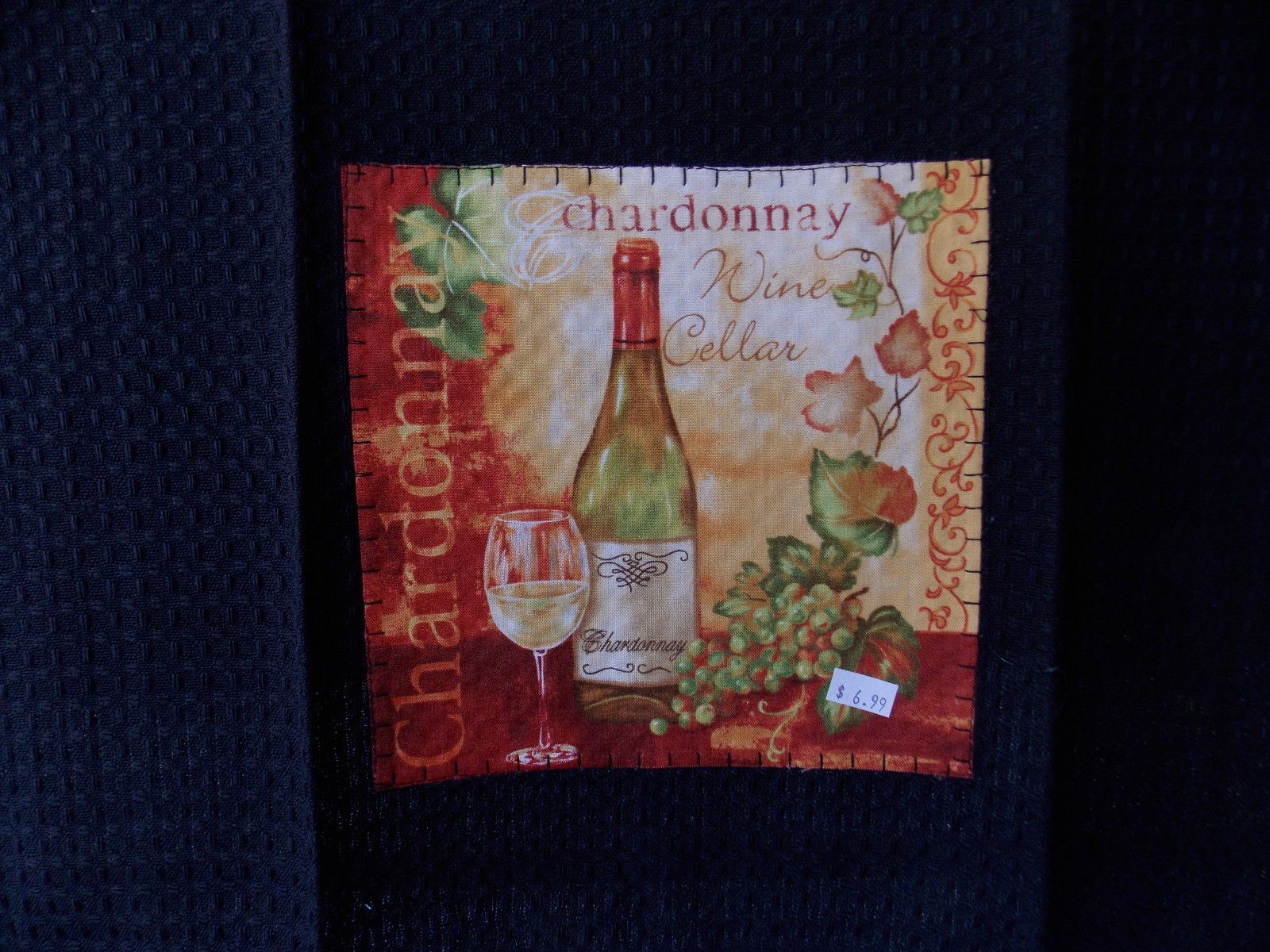 New Hand Applique Dunroven Kitchen Tea Towel Wine Bottle on Black 27