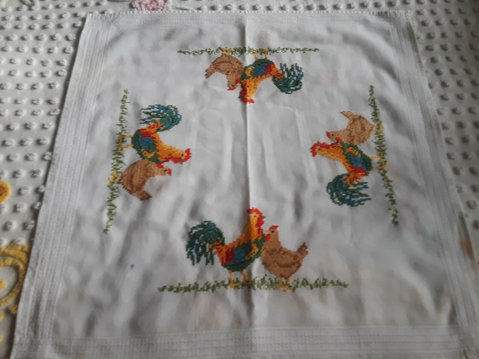 Hand Cross Stitched White Cotton Linen Colorful Chickens Table Topper 30